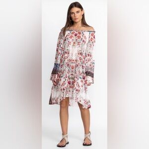 Johnny Was White Floral Silk Off-Shoulder Mini Dress with Red & Blue Accents